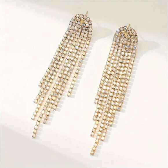 Elegant Diamond Golden Tassel Dangle Earrings - Picture 2 of 4